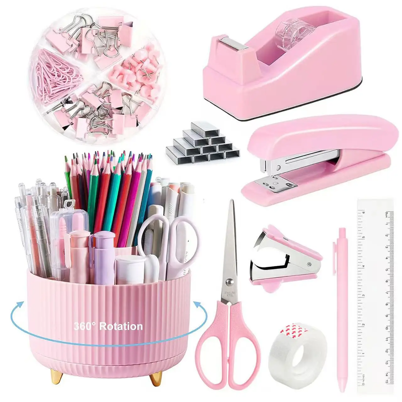 1 Set Desktop Office Stationery Set Stapler Tape Holder Scissors Nail Remover Stationery