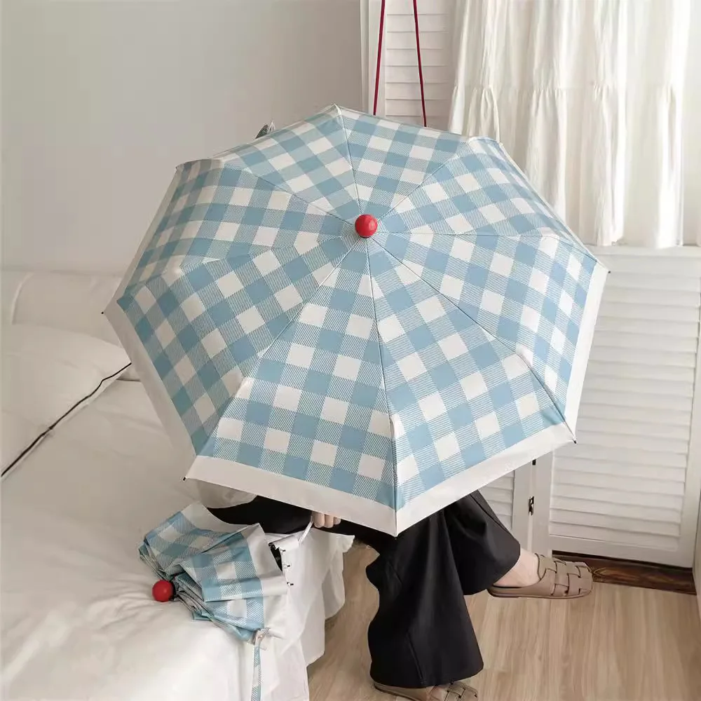 Automatic Open Close Minimalist Checkered Umbrella UV50+ Sun Protection Compact Folding Umbrella for Women