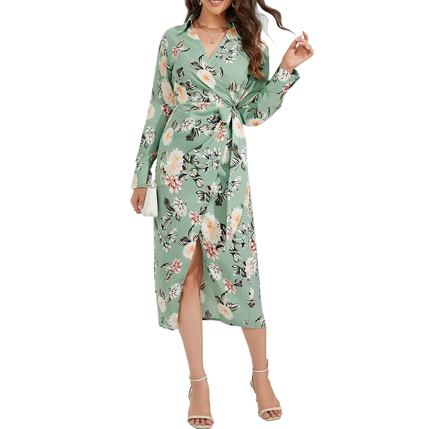 

Vintage Printing Lapel Dress Women's Autumn New Long-sleeved Slit Front Lace-up Dresses Retro Korean Robe Vestidos Female
