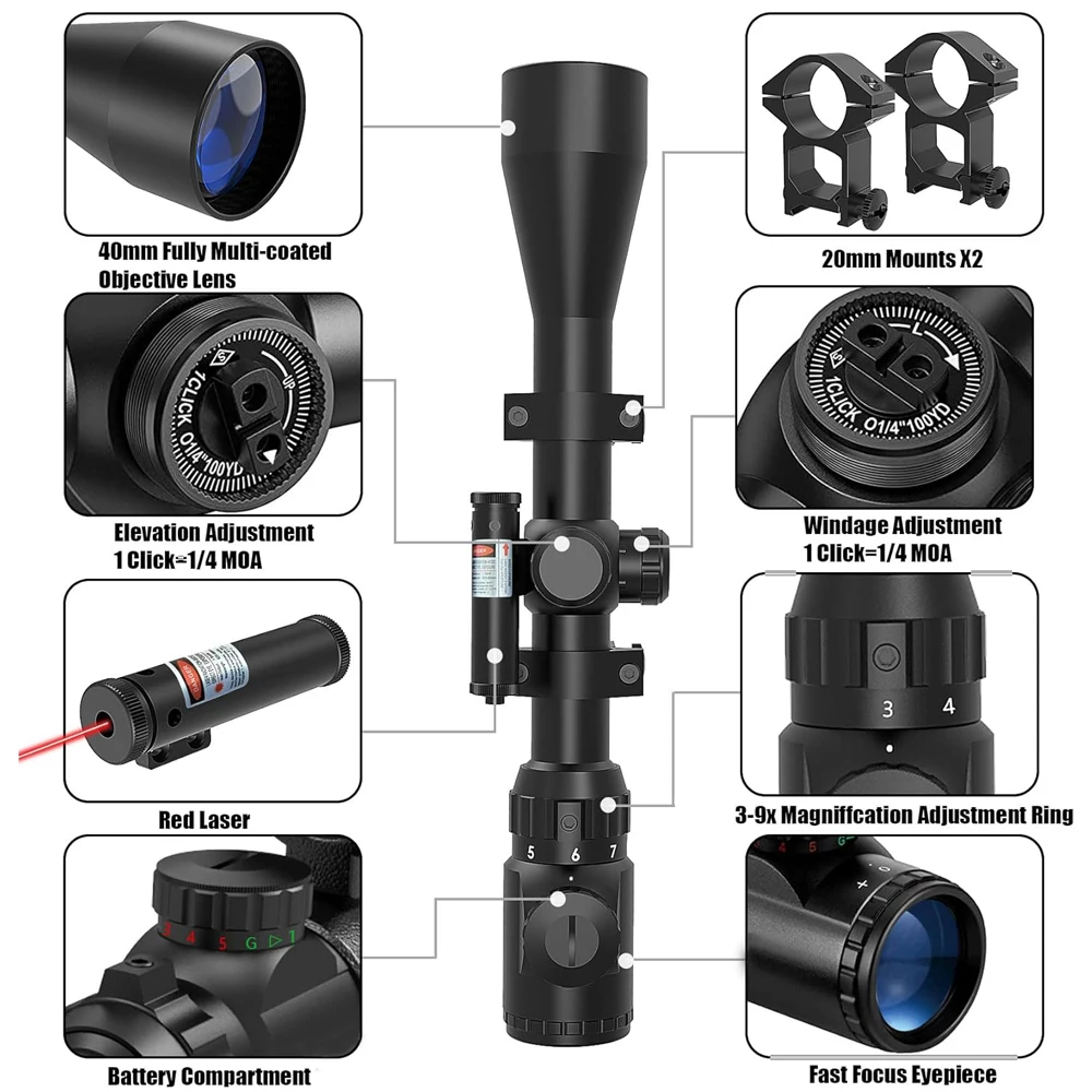3-9x40EG Rifle Scope Red Laser Sight Combo Red Green Illuminated Optical Riflescope Mil-dot Reticle Scope 20/11mm Mounts