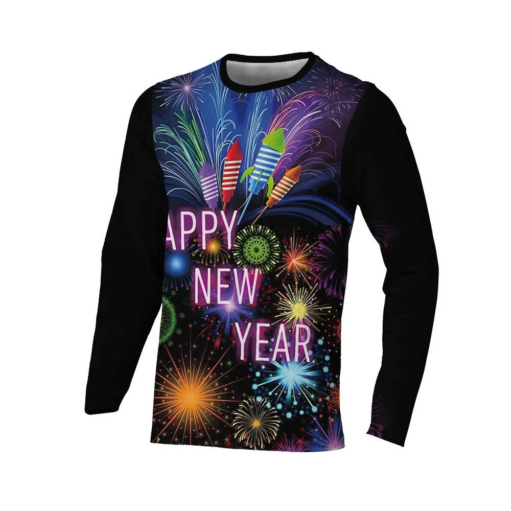 

Happy New Year Men's Long Sleeve T-shirt Colorful Firework Unisex Streetwear Popular Crew Neck Casual Black Regular Clothing