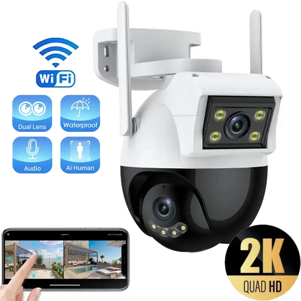 4MP Dual Screen PTZ Wifi Surveillance AI Human Detection Camera Bluetooth Connectivity Smart Night Vision Mode IP66 Waterproof