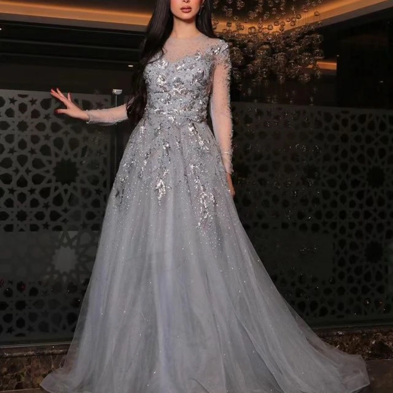 

Gray O-Neck A Line Beaded Crystal Long Sleeved Luxury Dubai Evening Dresses Gowns 2024 For Women Wedding Party Dress