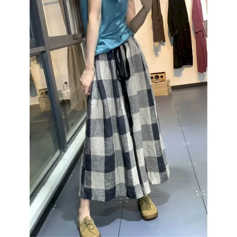 100% Cotton Linen Pants Women Plaid Loose Casual Baggy Pants Oversized Vintage Korean Fashion Trousers Clothes Wide Leg Pants