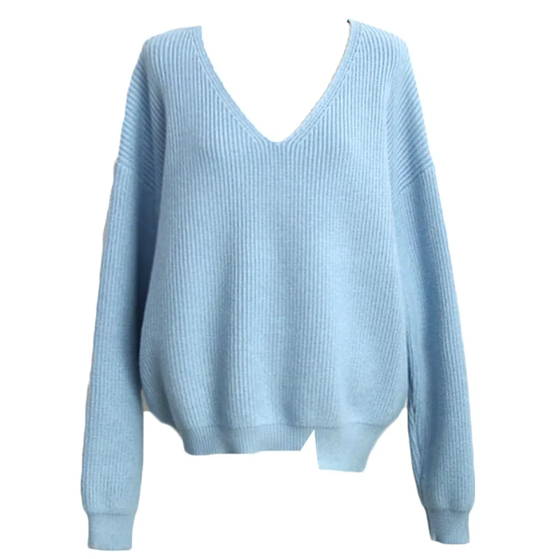 Women Knitted Deep V Neck Sweater Long Lantern Sleeve Pullover