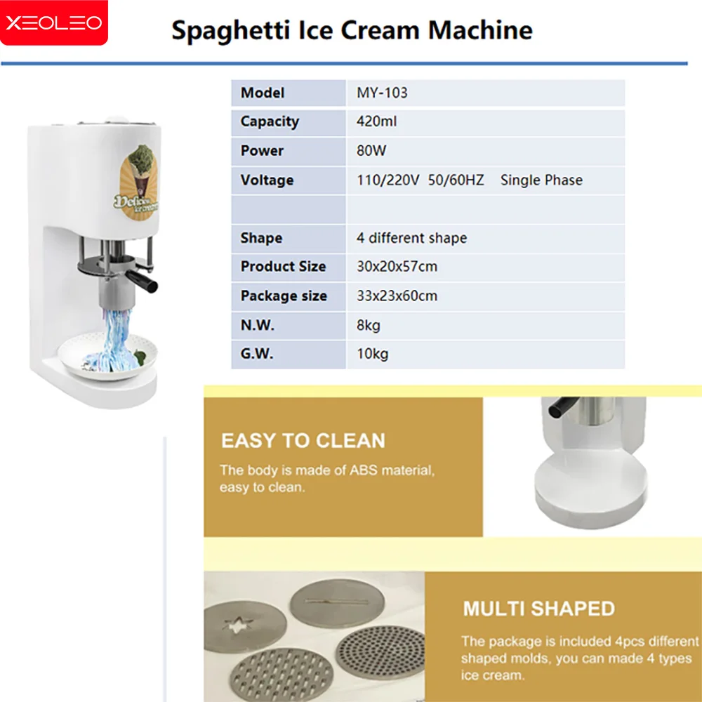XEOLEO Spaghetti Ice Cream Machine 4 Types Ice Cream Forming Machine 80W Ice Cream Maker Spaghetti Gelato Maker 3