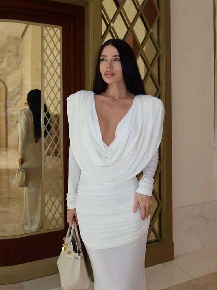 Nibber Peach Buttocks Maxi Dress Swing Collar Backless Long Sleeve Solid Skinny Stretch Elegant Banquet Hipster Chic Vestidos