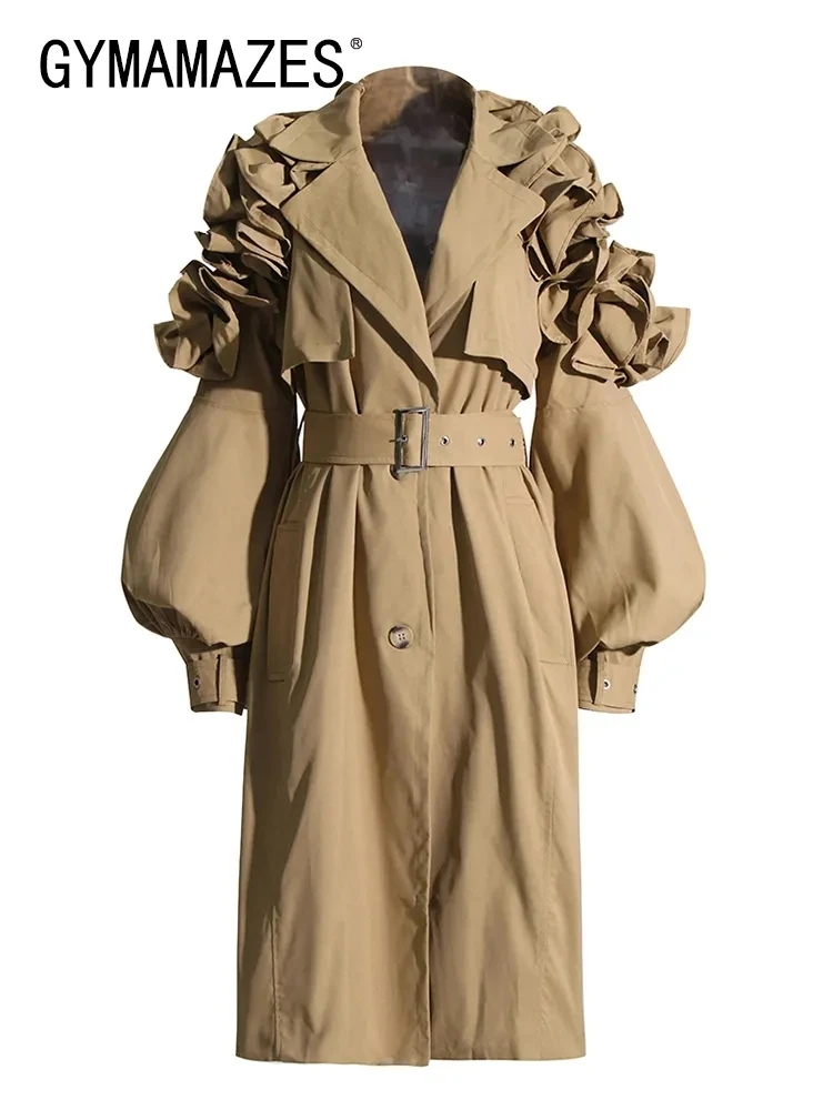 

GYMAMAZES Solid Patchwork Ruched Trench For Women Lapel Long Sleeve High Waist Windbreaker Female Fashion Clothing 2023 Autumn