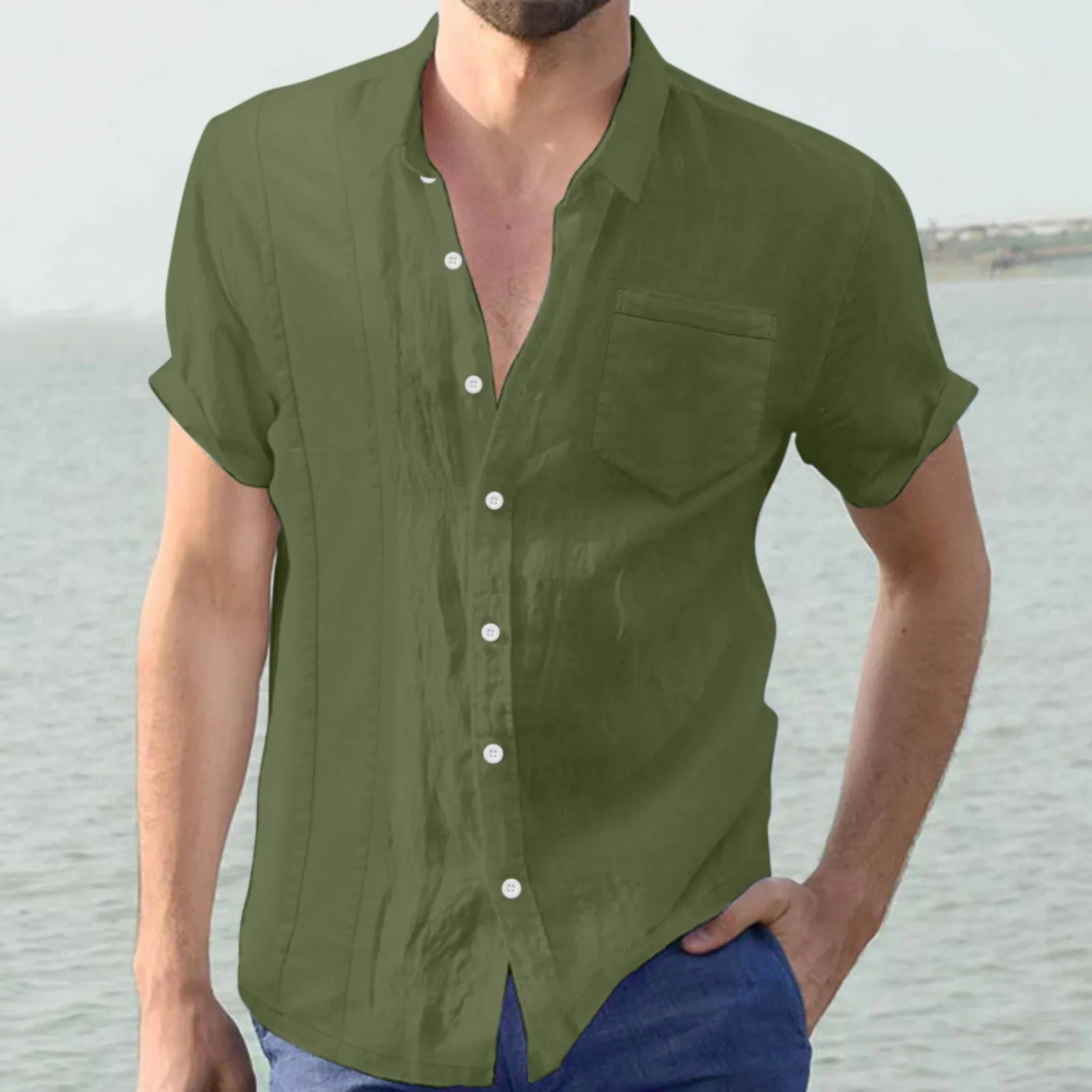 

Men Solid Color Shirt Turn Down Collar Shirt Front Pocket Summer Beachwear Short Sleeve Shirt Leisure Social Business Clothing