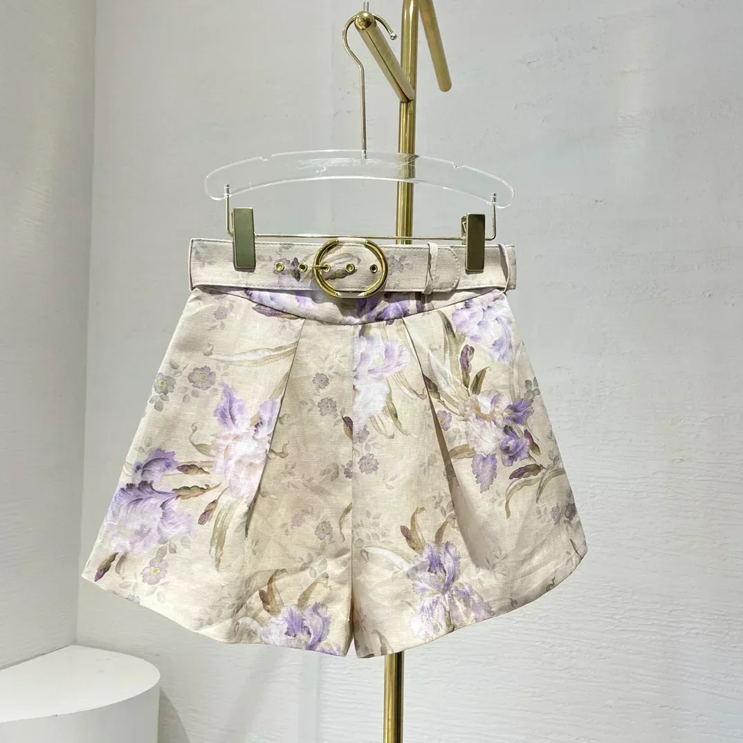 Appliques 2024 Women New Collection High Quality Floral Print Lantern Sleeve Pure Silk Blouse and Belted Linen Shorts Sets 6