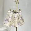 Appliques 2024 Women New Collection High Quality Floral Print Lantern Sleeve Pure Silk Blouse and Belted Linen Shorts Sets 6