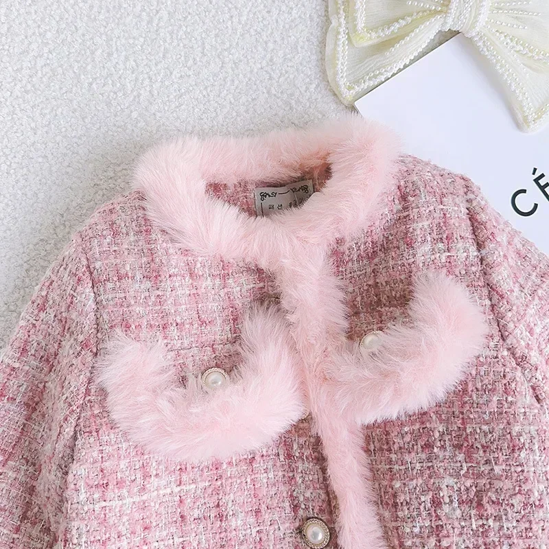Spring Winter Girl Kids Tweed Clothes Sets Fashion Children Suits Cotton Padded Jacket Coat+Skirt 2Pcs for 1-10Years