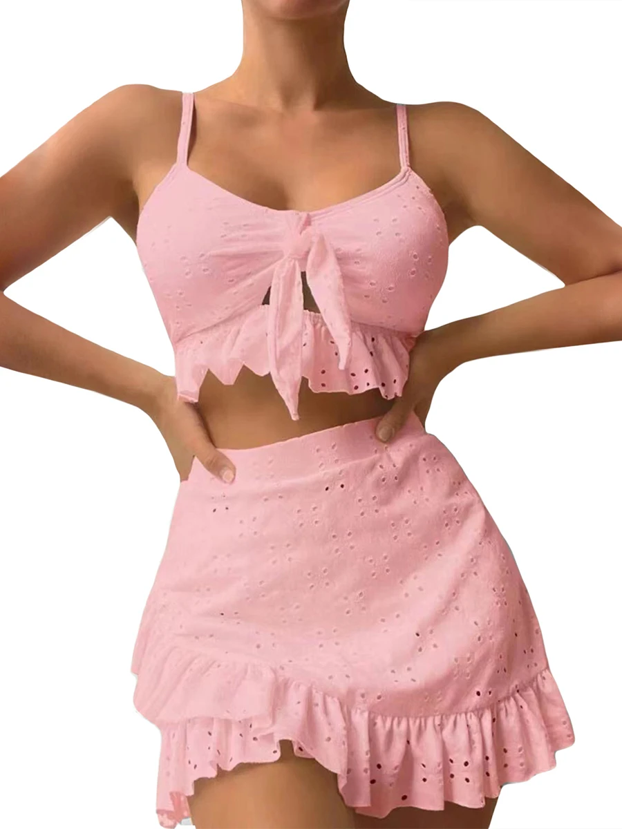 

Women Beachwear Sets 3PCS Knot Camisole Low Waist Thong Irregular Ruffle Skirt Summer Swimwear