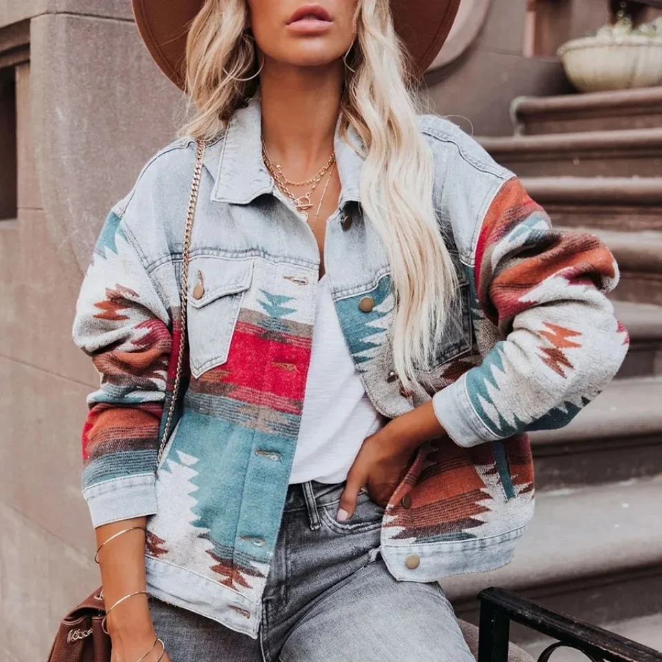 

New Luxury Vintage Long Sleeve Denim Jacket Denim Stitching Woolen Jacket Women Streetwear Coats Lapel Casual Loose