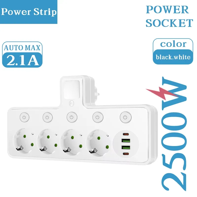 EU Plug Power Strip with 3/5 Outlets, Dual USB Ports, and Type C Socket - 2M Cord with Safety and Fire Prevention Features