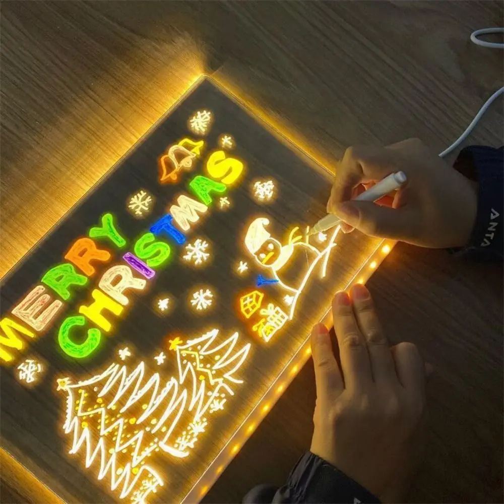Colorful 7 Pens LED Note Board with Night Light Adjustable Stand Rewritable Surface Children's Drawing Board USB Power Erase