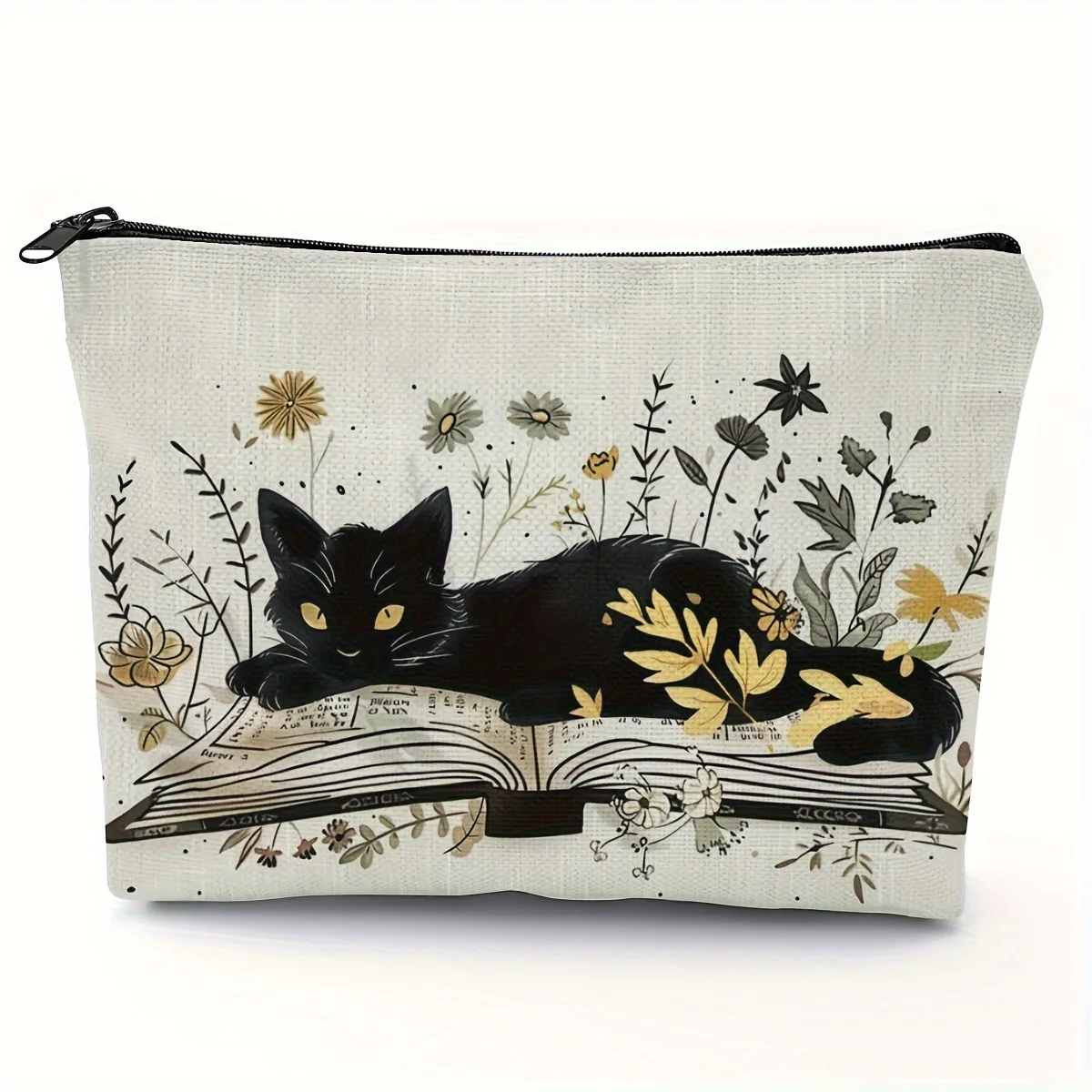 1pc Casual Style Black Cat &Book Print Makeup Pouch with Large Capacity Pencil Pouch Printed Heat Transfer Cosmetic Bag