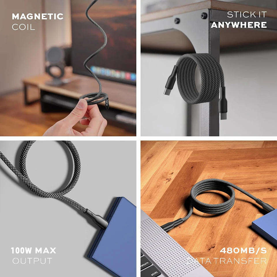 High-Power Anti-Tangle Braided USB-C Magnetic Cable – 100W/60W/27W