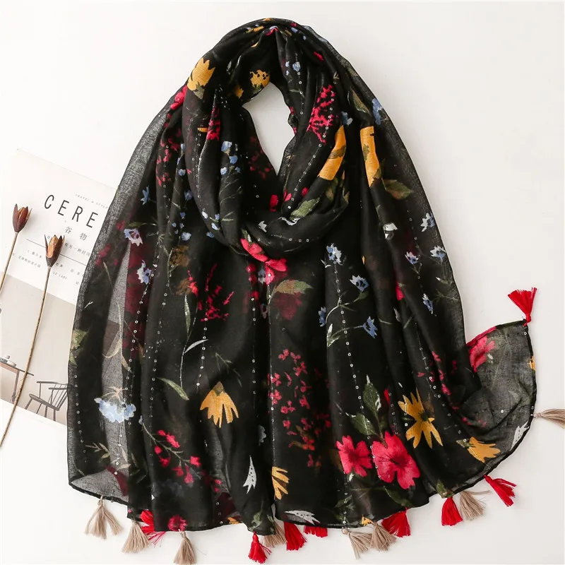 Autumn Fashion Retro Floral Sequin Tassel Viscose Shawl Scarf High Quality Print Soft Pashmina Stole Muslim Hijab Sjaal 180*90Cm