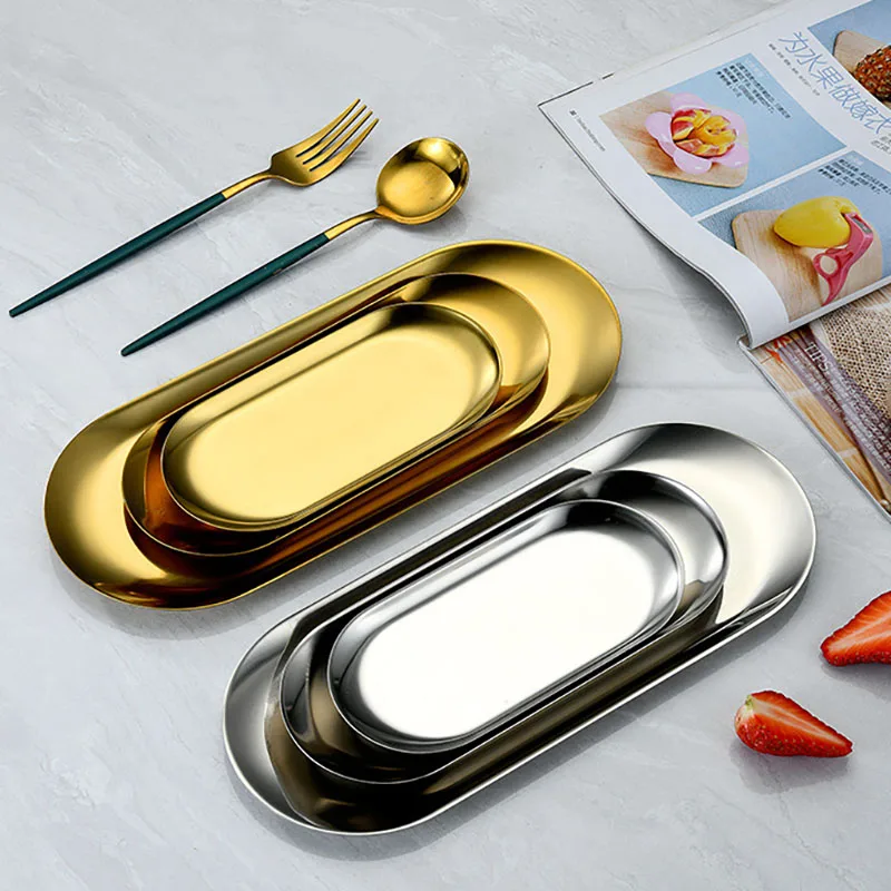 Oval Stainless Steel Gold Dining Plate Dessert Plate Nut Fruit Cake Tray Snack Kitchen Western Steak Kitchen Dish Fruit Plate Ceramic Dessert Plates