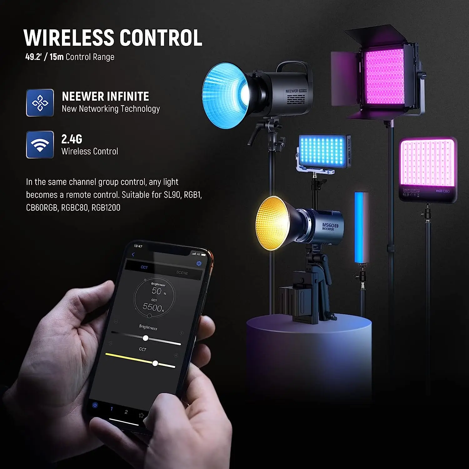 NEEWER MS60B 바이 컬러 LED 비디오 조명, 2.4G/APP 제어, 65W 금속 미니 핸드헬드 COB 연속 출력 조명, 보웬스 마운트