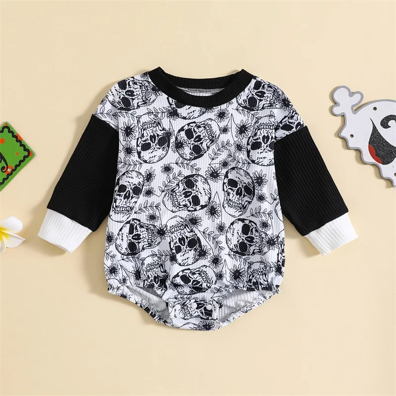 

Listenwind Halloween 0-2Y Baby Romper Long Sleeve Crew Neck Skull Flower Print Fall Bodysuit for Girls Boys