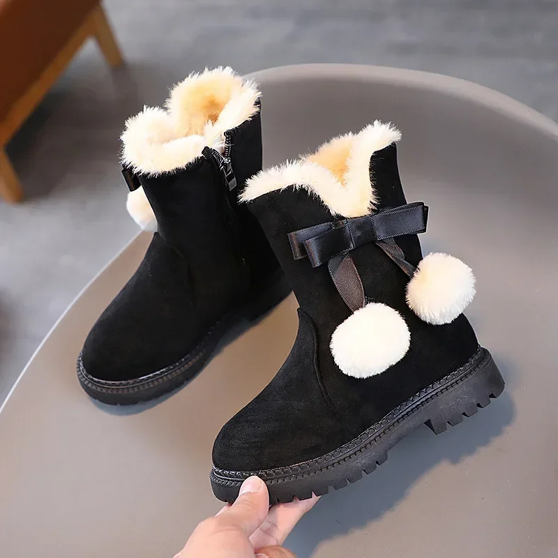 Fashion Girls Cotton Boots Winter Kids Princess Snow Boots Sweet Hairball Bowknot Warm Children's Fluffy Ankle Boots Versatile
