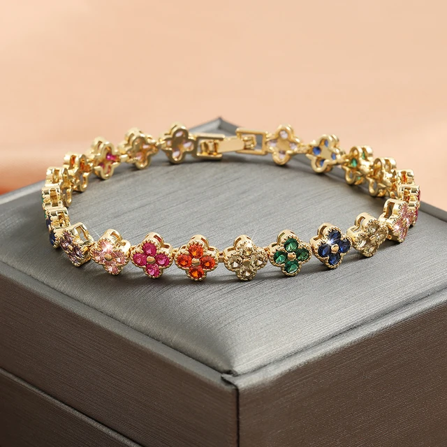 UILZ 1pc Rainbow Colorful Clover Zircon Bracelet Fashion Charm Gorgeous Charm Exquisite Cute Sweet Shining Crystal Jewelry Gift - Image 4