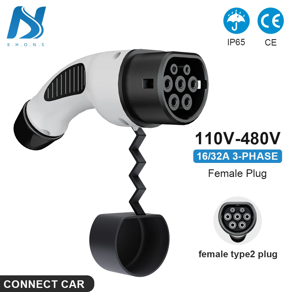 

Khons Ev Charger Type2 16A 32A 1Phase Electric Car Charging Plug 11kw 22kw 3Phase Female Plug IEC62196 Adapter For Car Side