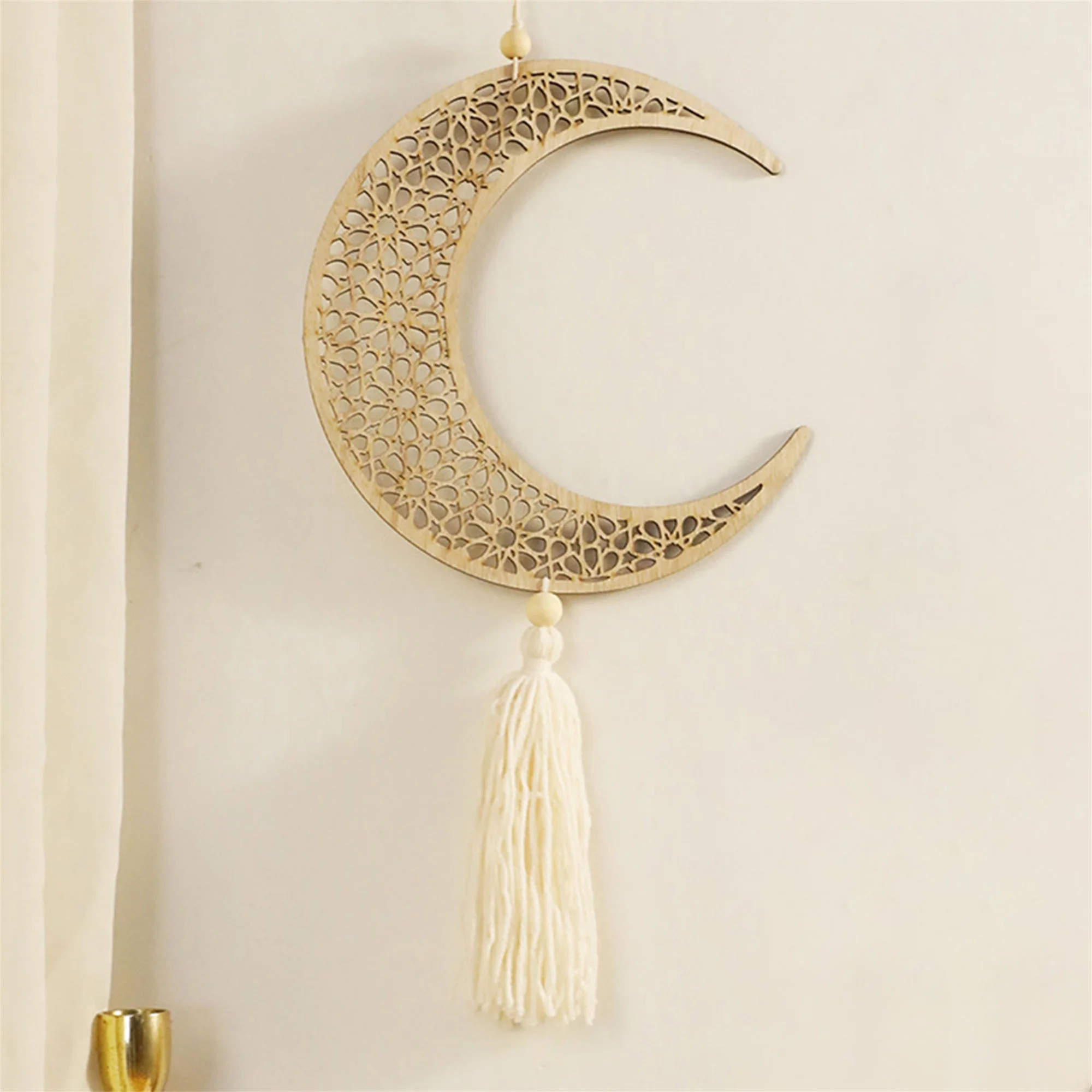 Rustic Wooden Wall Decor with Intricate Moon and Star Design Tassel ...