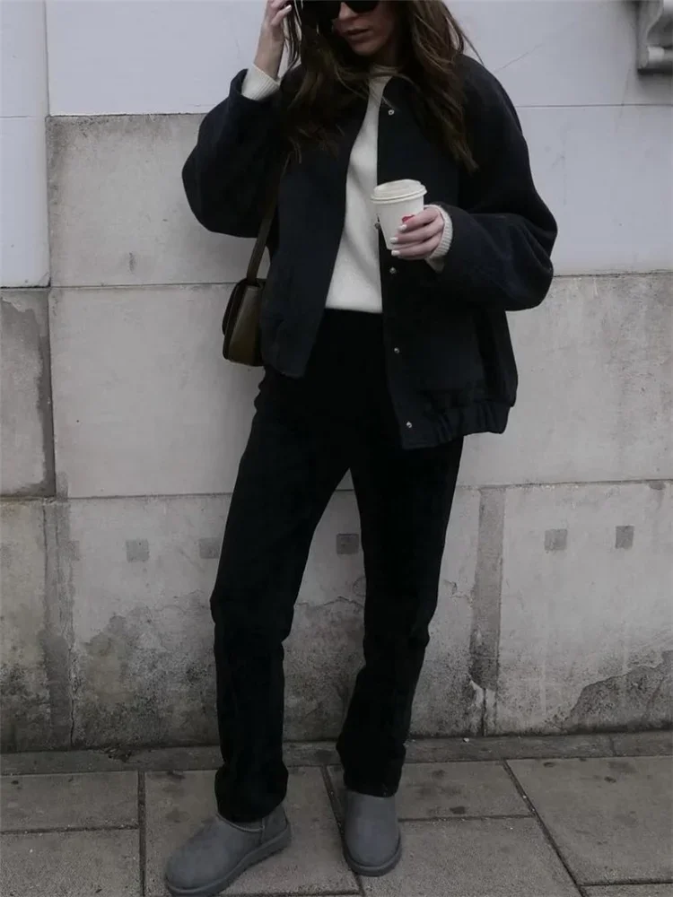 Woman Fashion Loose Gray Warm Baseball Jacket 2024 Autumn Casual Oversized Bomber Jacket Girls Vintage Thick Warm Outwear 4