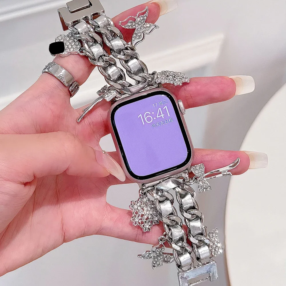 Jewelry Bracelet Metal Strap for Apple Watch Ultra 49mm Women Bling Stainless Steel Band for IWatch Series 8 7 6 5 SE 45mm 44mm
