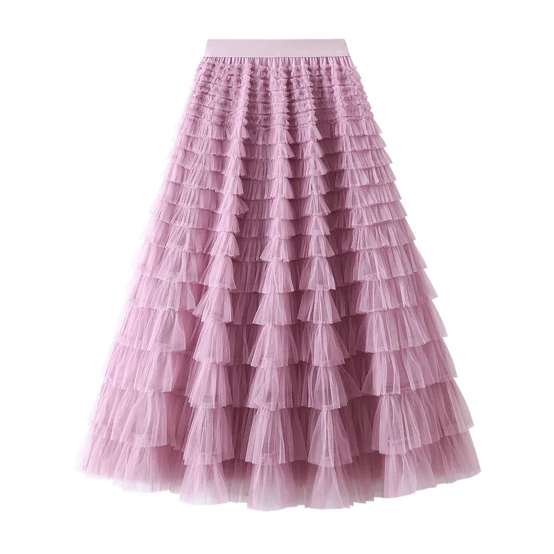 

2023 Spring and Autumn New Slim Ladies Pink Tulle Skirts Women With Lining Ruffled Long Coke Skirt Women