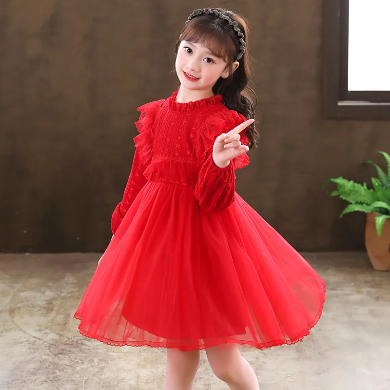 Girls' Chinese Style Cotton Dress Autumn Children's Piano Performance Costume Dance Lace Princess White Clothing Free Shipping