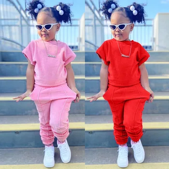 Moda Bambini Bambine Abbigliamento 2 pezzi Set T-shirt casual in cotone solido + Pantaloni in vita elastica Completi per bambini piccoli 1-6 anni