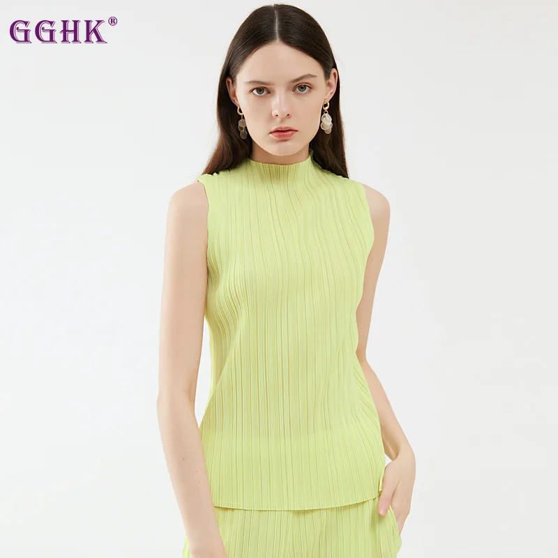 

GGHK Miyake New 2024 Summer New Thin Sleeveless High Neck Undershirt Temperament Women's Basic Versatile Tops Female