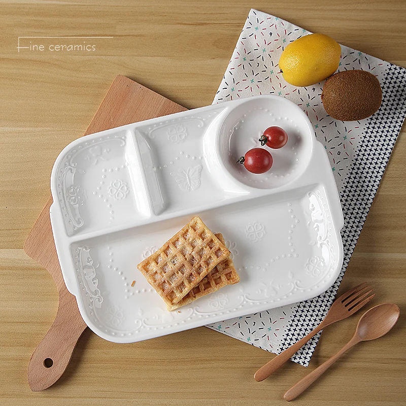White Embossed Porcelain Divided Plates Dishes, Ceramic Kids Dinner Tray, Butterfly Design