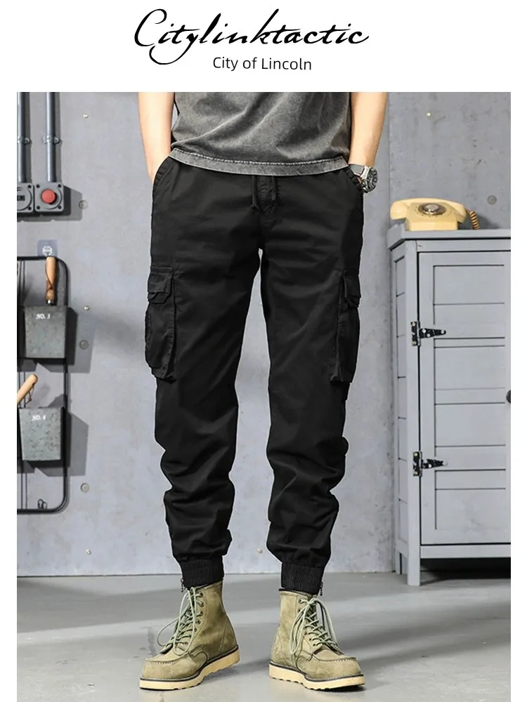 

Citylink TacTic Spring New Casual Crop Slim Fit Multi Pocket Zipper Tie Feet Workwear Pants For Men