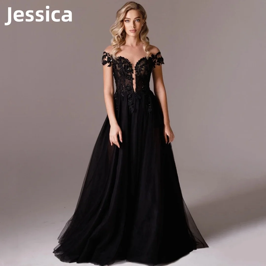 

Jessica Black Prom Dresses Lace Embroidery Evening Dress Gothic Wedding Dress Formal Occasions Party Dressesفساتين السهرة2024