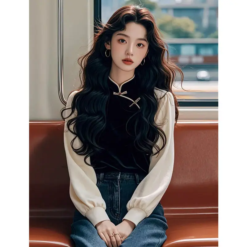 Chinese Improved Top Long Sleeve Autumn Winter Qipao Top Bottom New Chinese Style Black Velvet Button Shirt For Women
