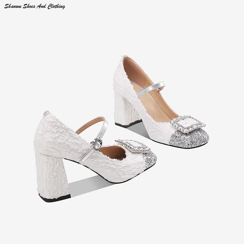 

Xiaoxiangfeng Coarse Woolen HigH For Women In Spring 2024, New Sequin Thick Heels With A Straight Line And Shallow Cut Mary Jane