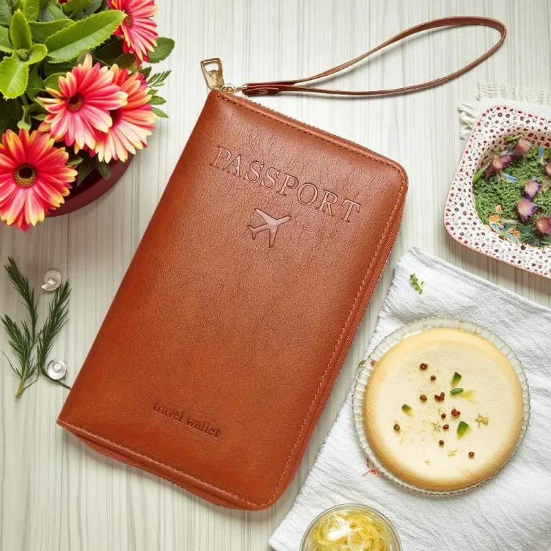 RFID blocking leather passport cover, suitable for women's large capacity travel wallets with multiple card slots