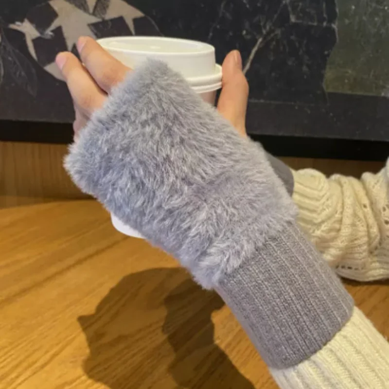 Fleece Fingerless Gloves Mink Fleece Half Finger Gloves For Women Soft Winter Warmth Solid Color Plush Knitted