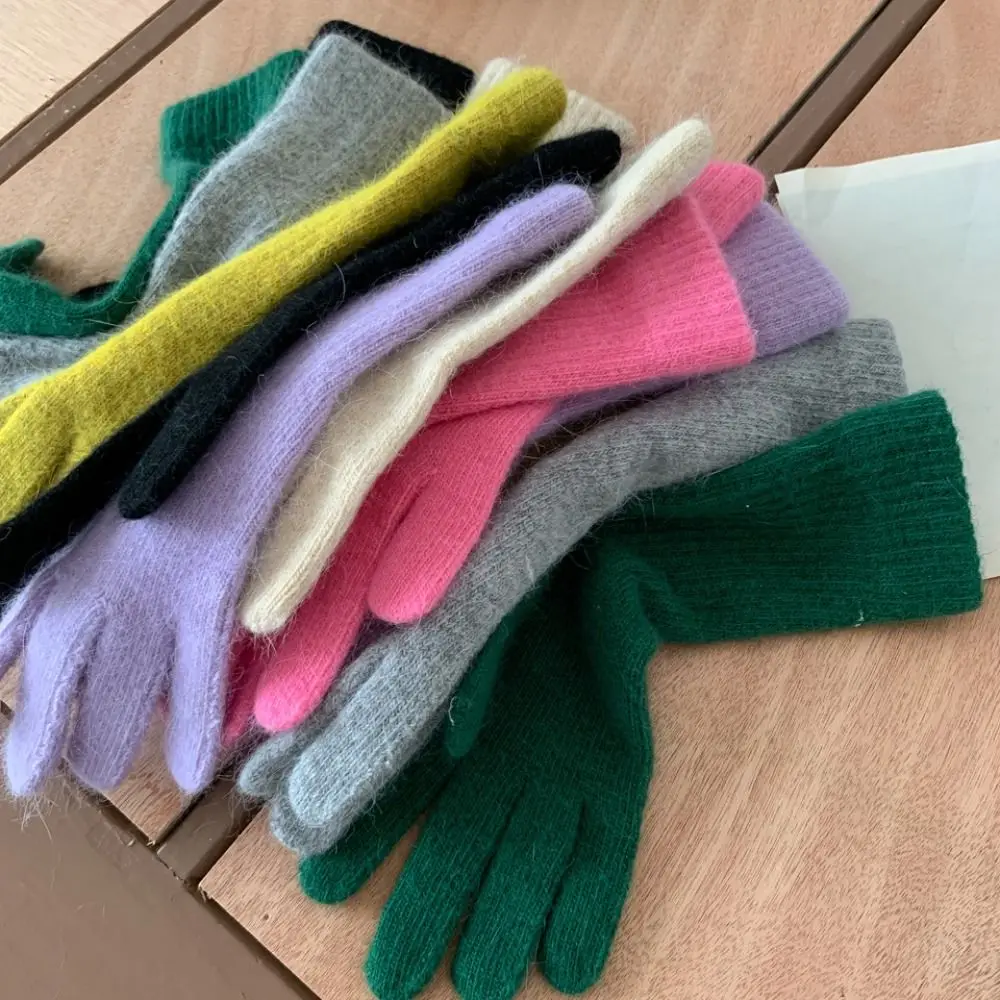 Striped Thermal Knitted Gloves Rabbit Fur Cold Resistant Knitted Gloves Windproof Thickened Split Finger Long Gloves