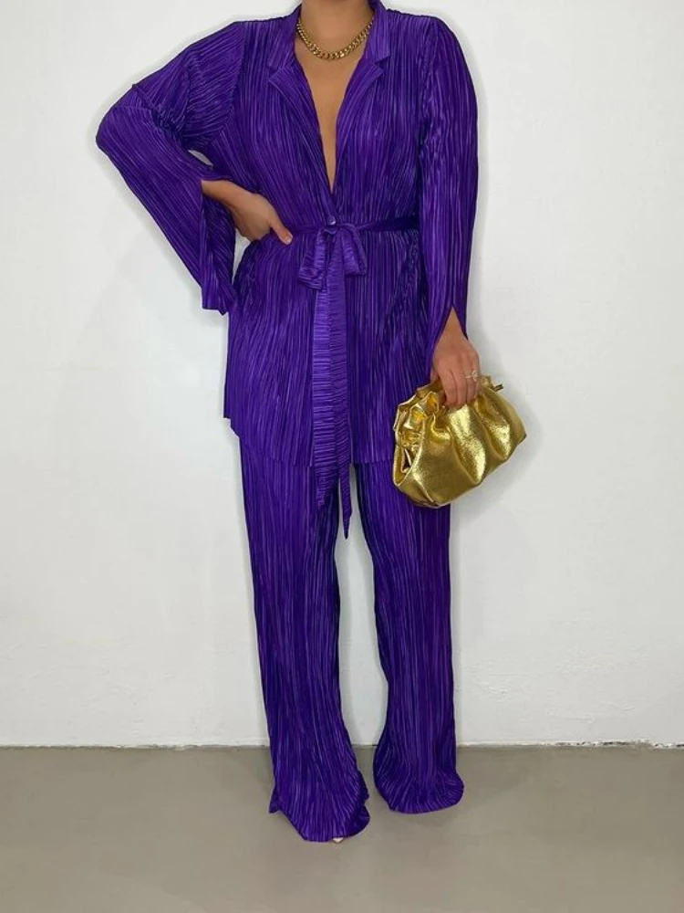 

Новинка весна-осень, Женский однотонный свободный костюм из рубашки и брюк с длинным рукавом и поясом, комплект из двух предметов, женская одежда