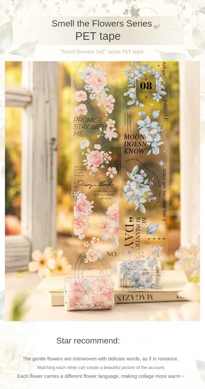 1Roll Speak Series INS Flower Handbook DIY Decorative PET Tape Smell the Flowers Stickers Adhesives Scrapbook 60mm*2m 6