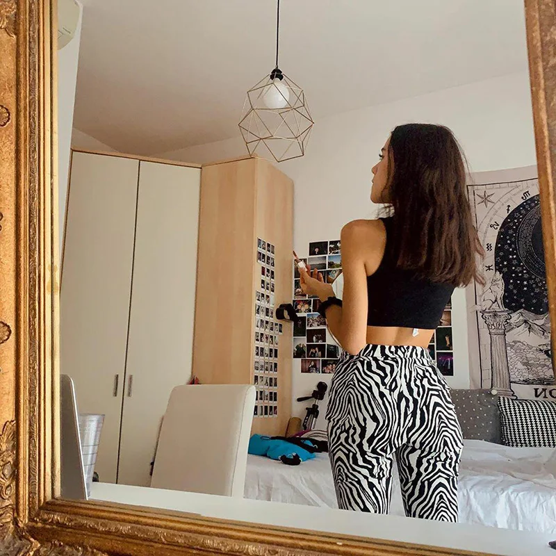 Women Zebra Print Wide Leg Pants Casual Streetwear