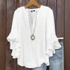 Plus Size Women's Fashion Loose Chiffon Blouse V Neck Lotus Leafthree-quarters Sleeve Shirt Solid Color Business Casual Shirt