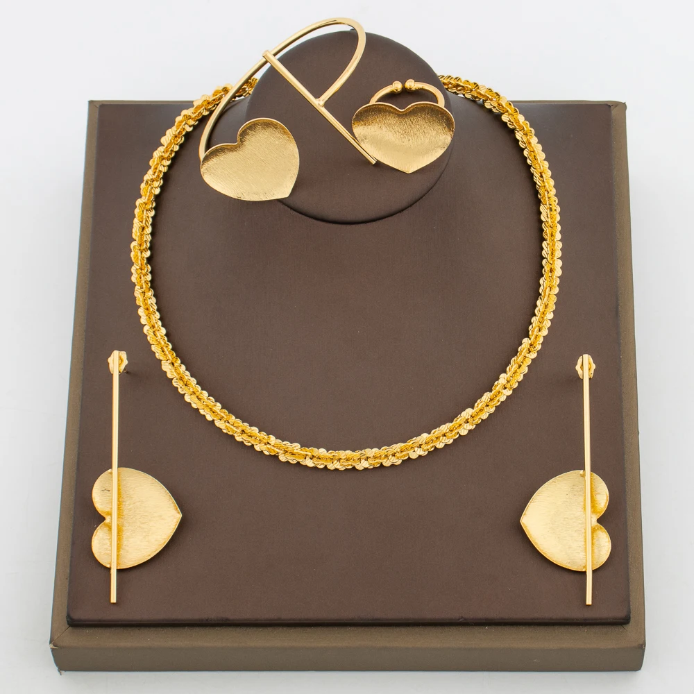 

African Heart Design Jewelry Set for Women Choker Necklace and Dangle Earrings with Bangle Ring Set for Engagement Party Gifts