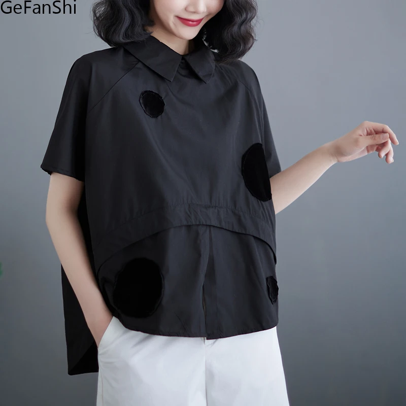 

Женская блузка в горошек, повседневный Свободный пуловер с отложным воротником и коротким рукавом, лето 2023